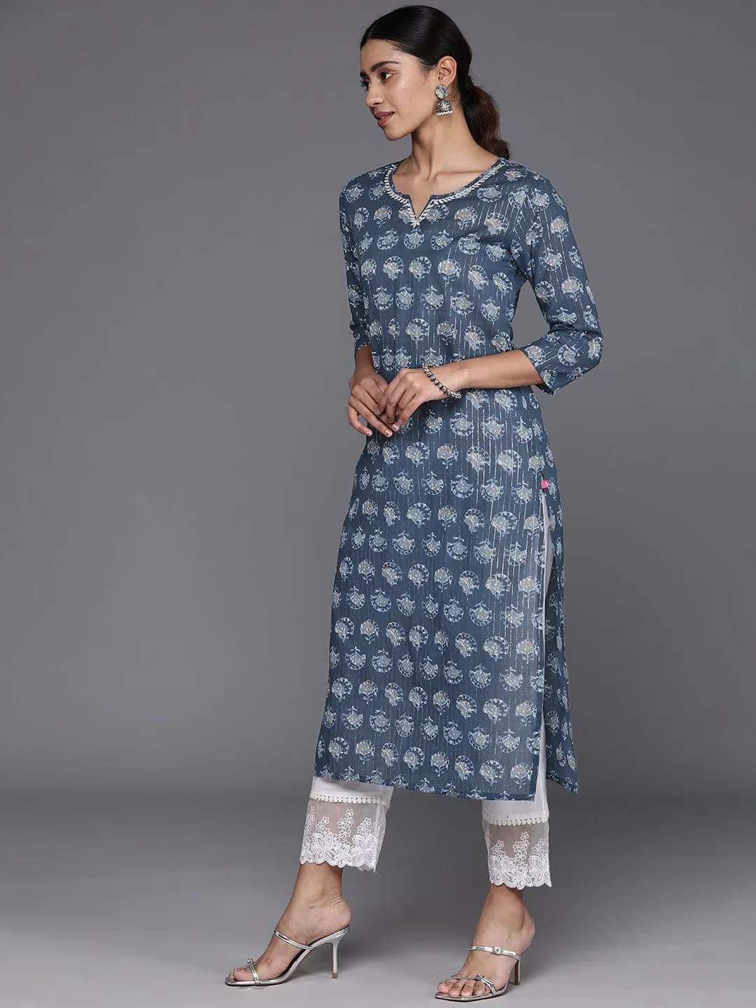 Varanga Women Blue Ethnic Motifs Printed Thread Work Straight Kurta