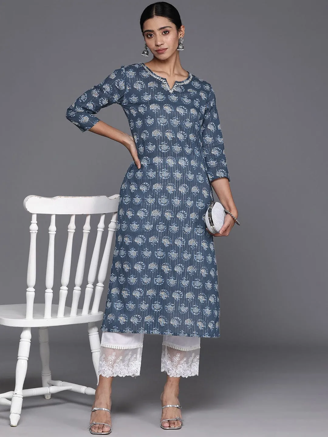 Varanga Women Blue Ethnic Motifs Printed Thread Work Straight Kurta