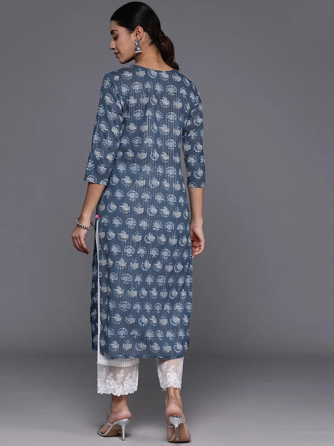 Varanga Women Blue Ethnic Motifs Printed Thread Work Straight Kurta