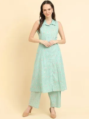 Varanga Women Blue Floral Printed Shirt Collar Kurta Paired With Tonal Printed Bottom