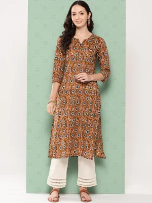 Varanga Women Brown Floral Printed Straight Kurta With Three Quarter Sleeves