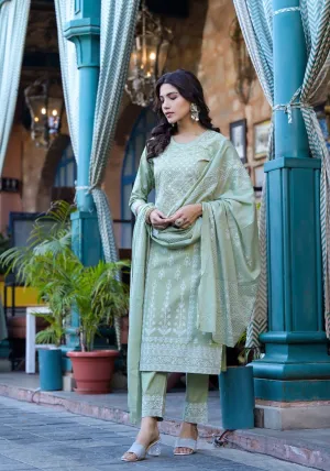 Varanga Women Green Rubber Printed, Embellished Straight Kurta Paired With Bottom And Dupatta