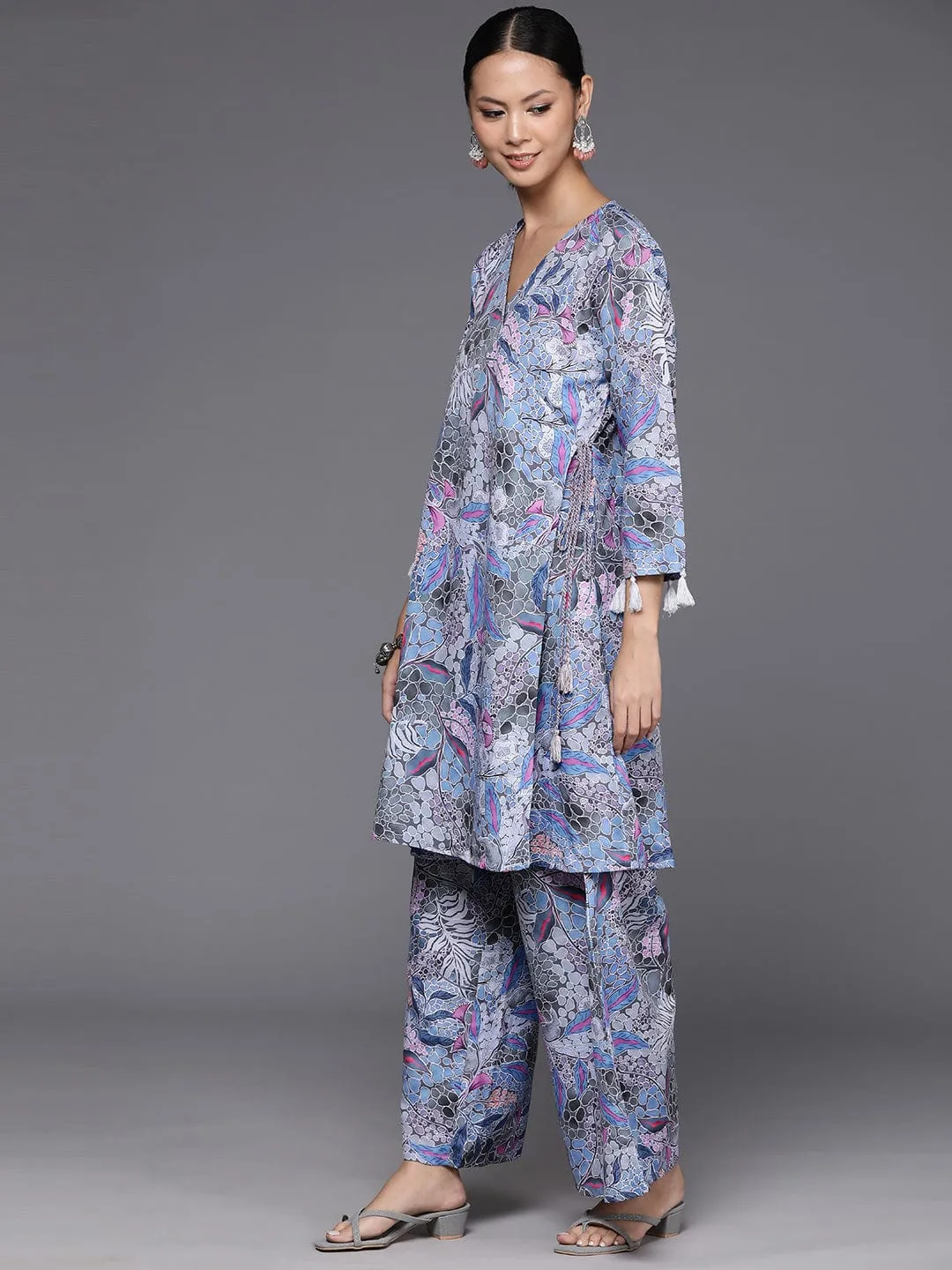 Varanga Women Grey Abstract Printed Angrakha Style Kurta With Bottom