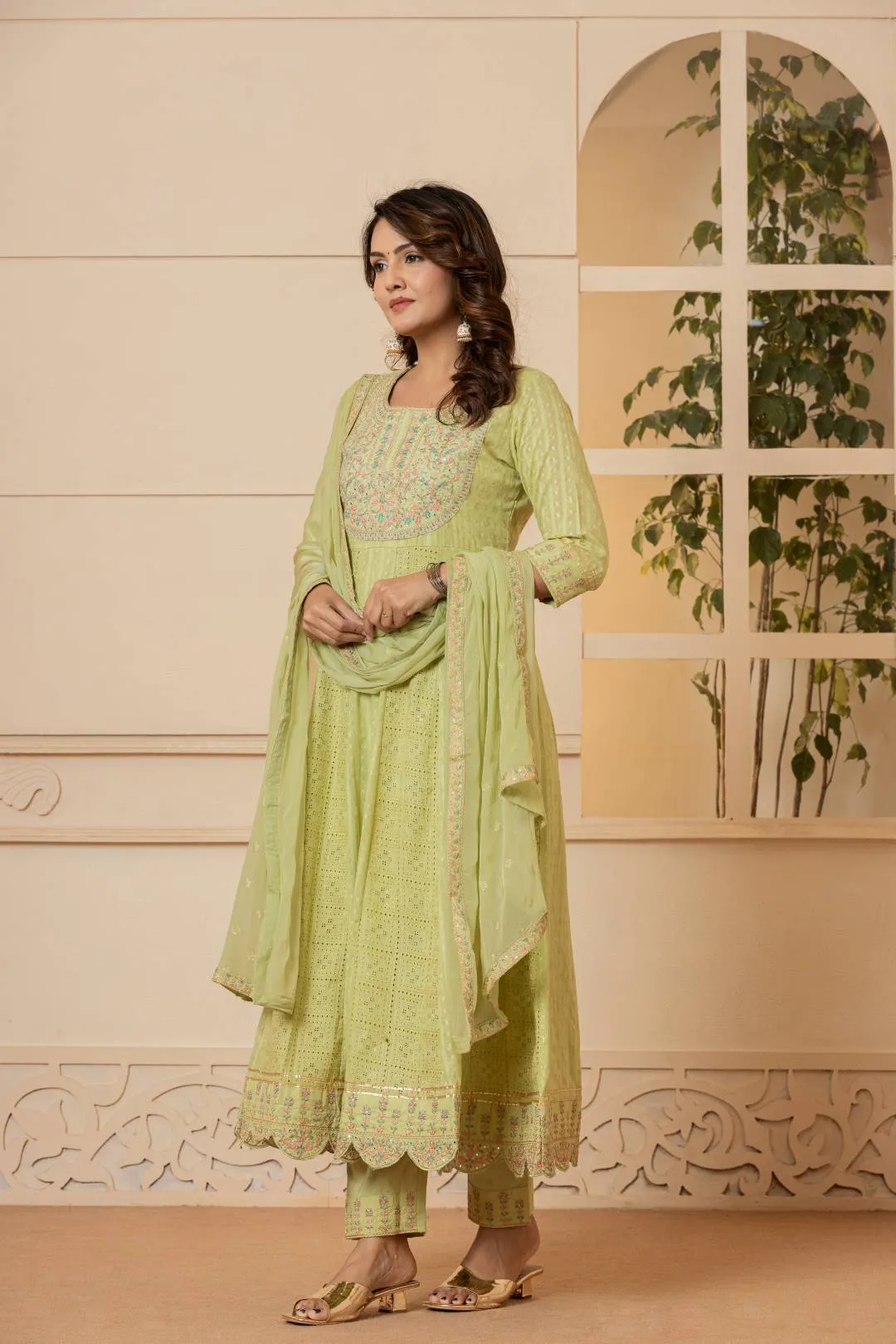 Varanga Women Lime Green Mirror And Thread Embroidered,Gotta Embellished Scalloped Schiffli Anarkali Kurta Paired Wirh Printed Bottom And Embroidered Dupatta