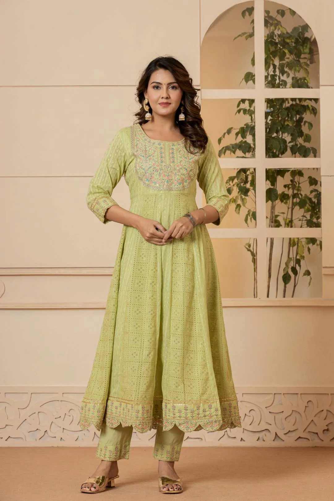 Varanga Women Lime Green Mirror And Thread Embroidered,Gotta Embellished Scalloped Schiffli Anarkali Kurta Paired Wirh Printed Bottom And Embroidered Dupatta