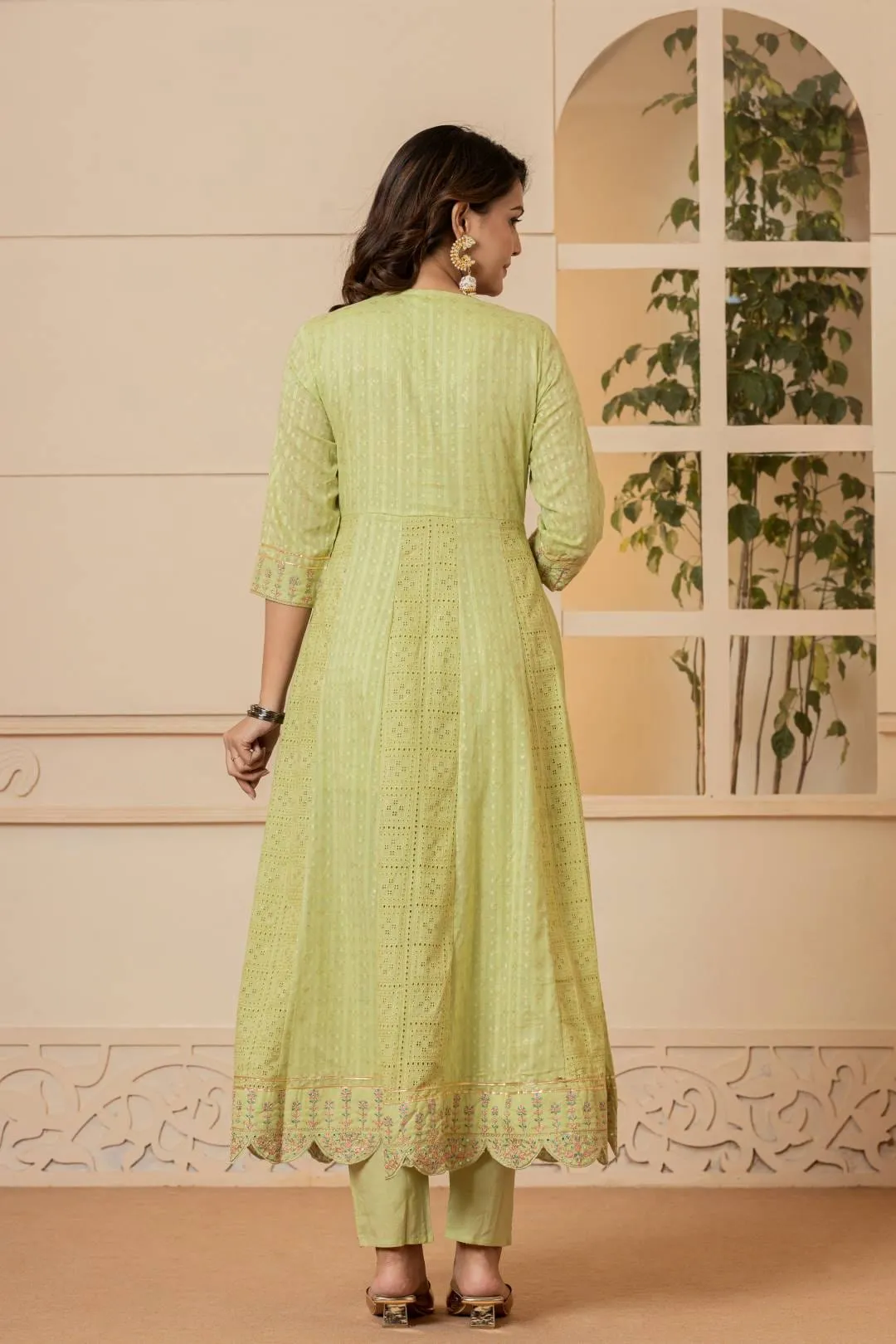 Varanga Women Lime Green Mirror And Thread Embroidered,Gotta Embellished Scalloped Schiffli Anarkali Kurta Paired Wirh Printed Bottom And Embroidered Dupatta