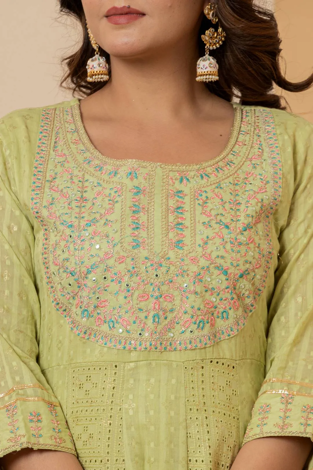 Varanga Women Lime Green Mirror And Thread Embroidered,Gotta Embellished Scalloped Schiffli Anarkali Kurta Paired Wirh Printed Bottom And Embroidered Dupatta