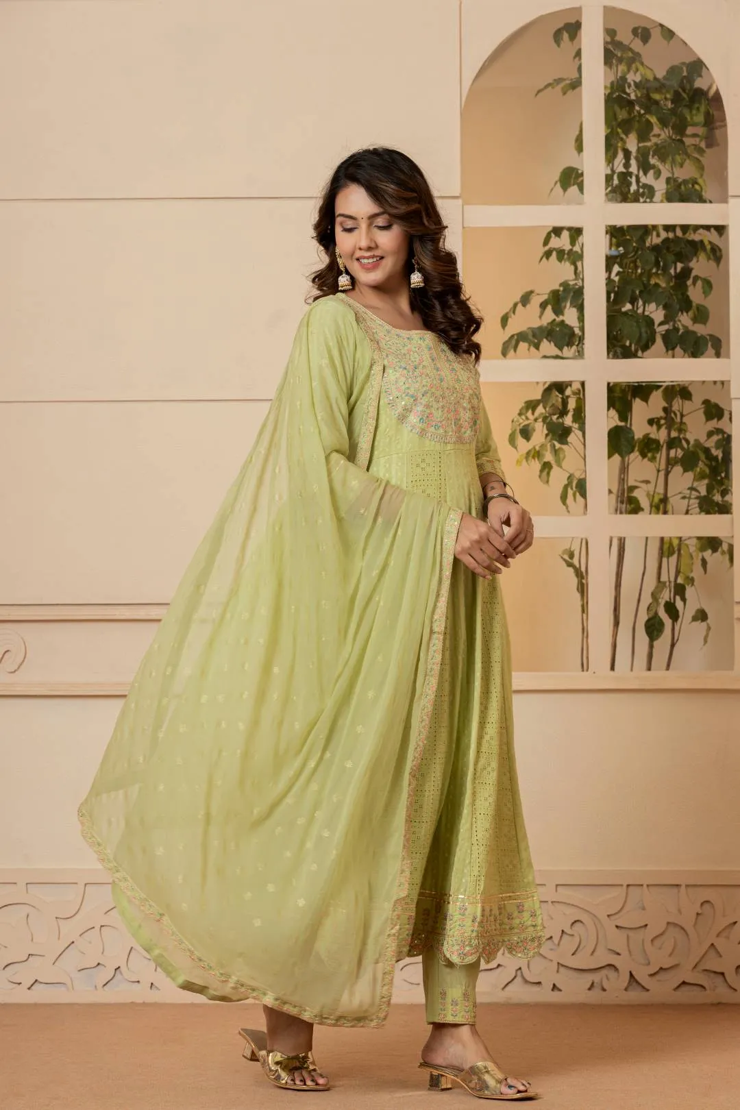 Varanga Women Lime Green Mirror And Thread Embroidered,Gotta Embellished Scalloped Schiffli Anarkali Kurta Paired Wirh Printed Bottom And Embroidered Dupatta