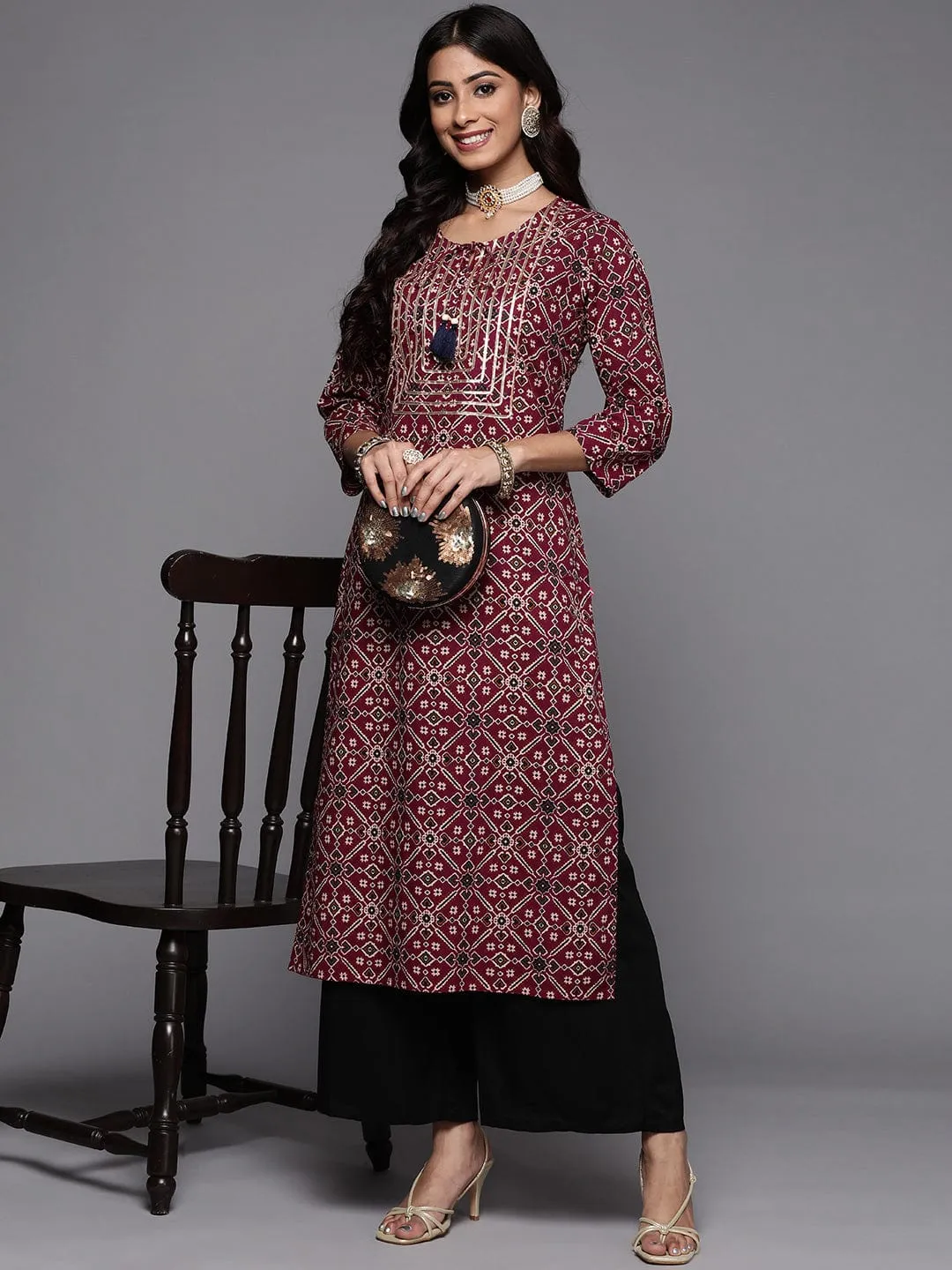 Varanga Women Maroon & Beige Ethnic Motifs Printed Indie Prints Kurta