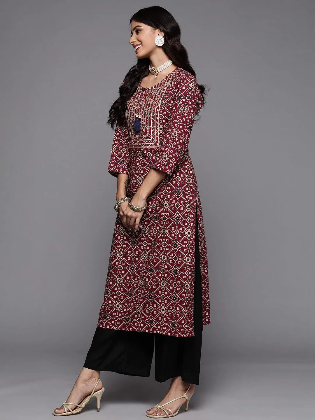 Varanga Women Maroon & Beige Ethnic Motifs Printed Indie Prints Kurta