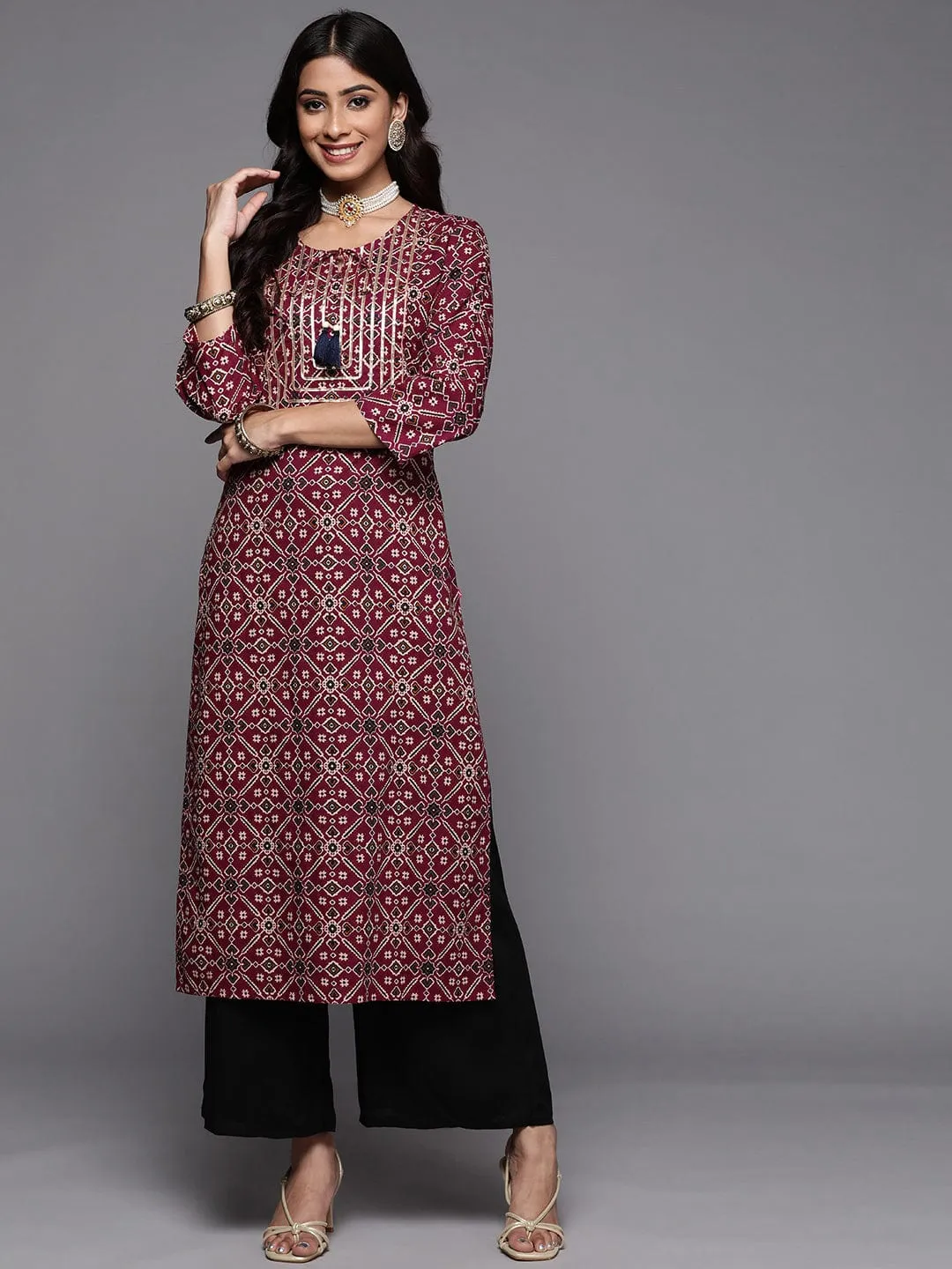 Varanga Women Maroon & Beige Ethnic Motifs Printed Indie Prints Kurta