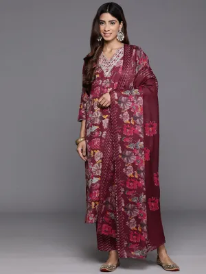 Varanga Women Maroon Floral Printed  Embroidered Kurta Paired With Bottom And Dupatta