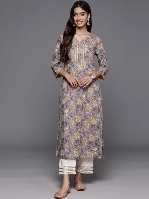 Varanga Women Mauve Floral Printed Kurta With V-Neck Three Quarter Sleeves