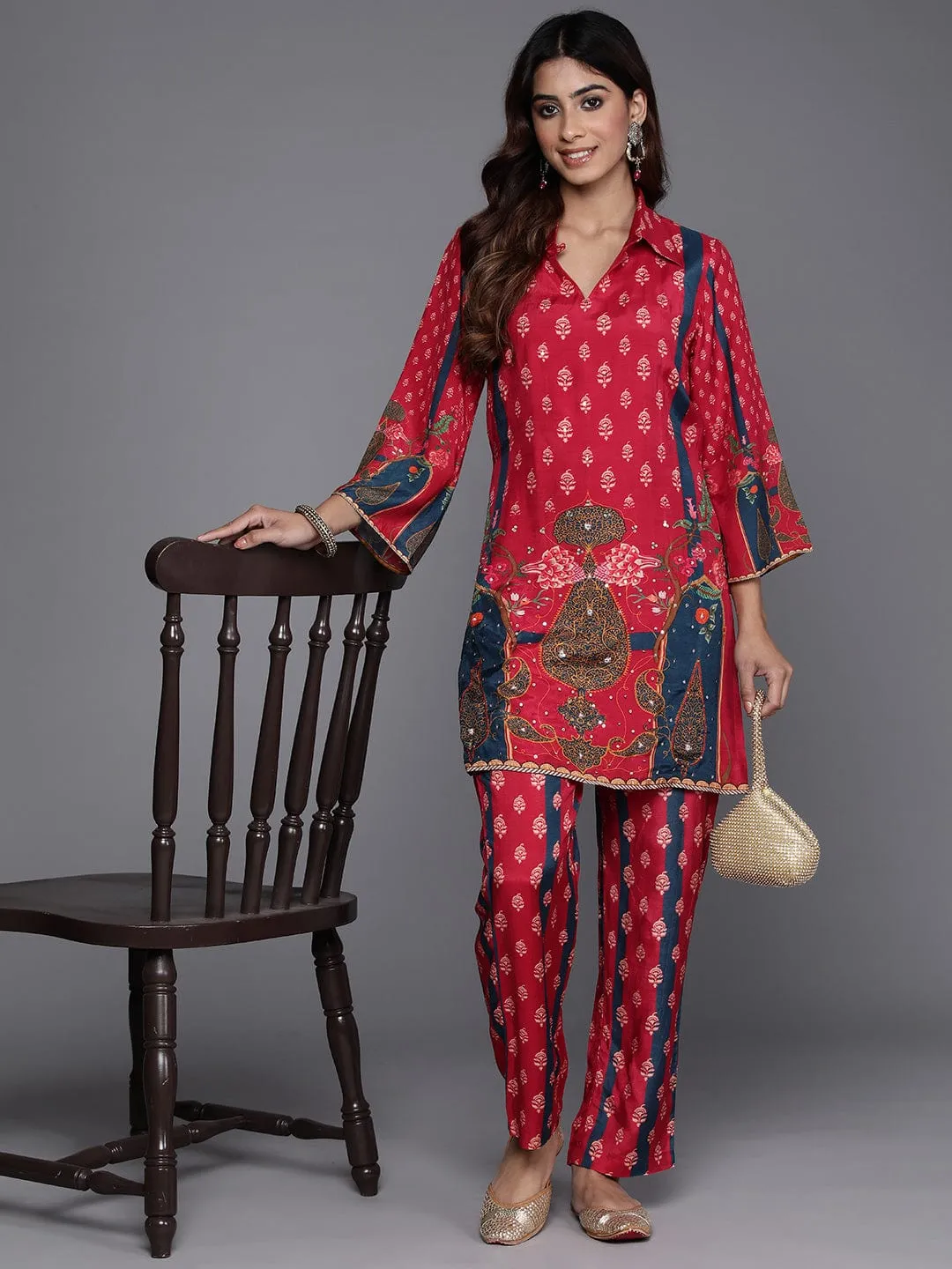 Varanga Women Multicolor Printed Shirt Collar Embellished Co-Ord-Set