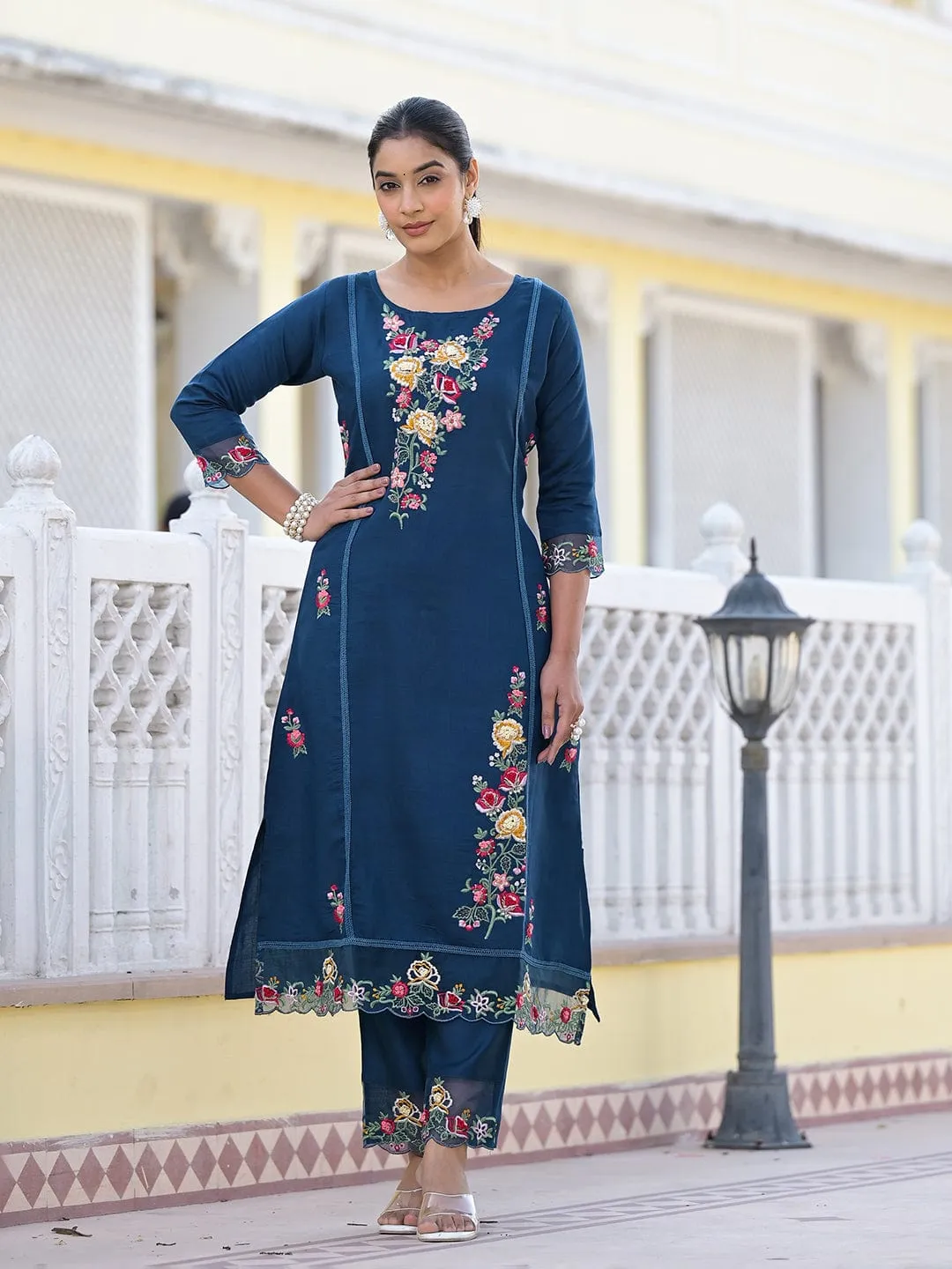 Varanga Women Navy Blue Embroidered Scallop Detail Kurta Paired With Bottom And Dupatta