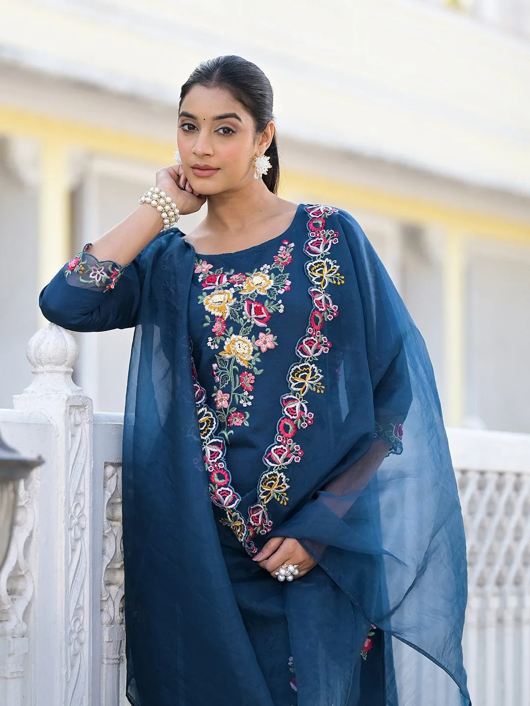 Varanga Women Navy Blue Embroidered Scallop Detail Kurta Paired With Bottom And Dupatta