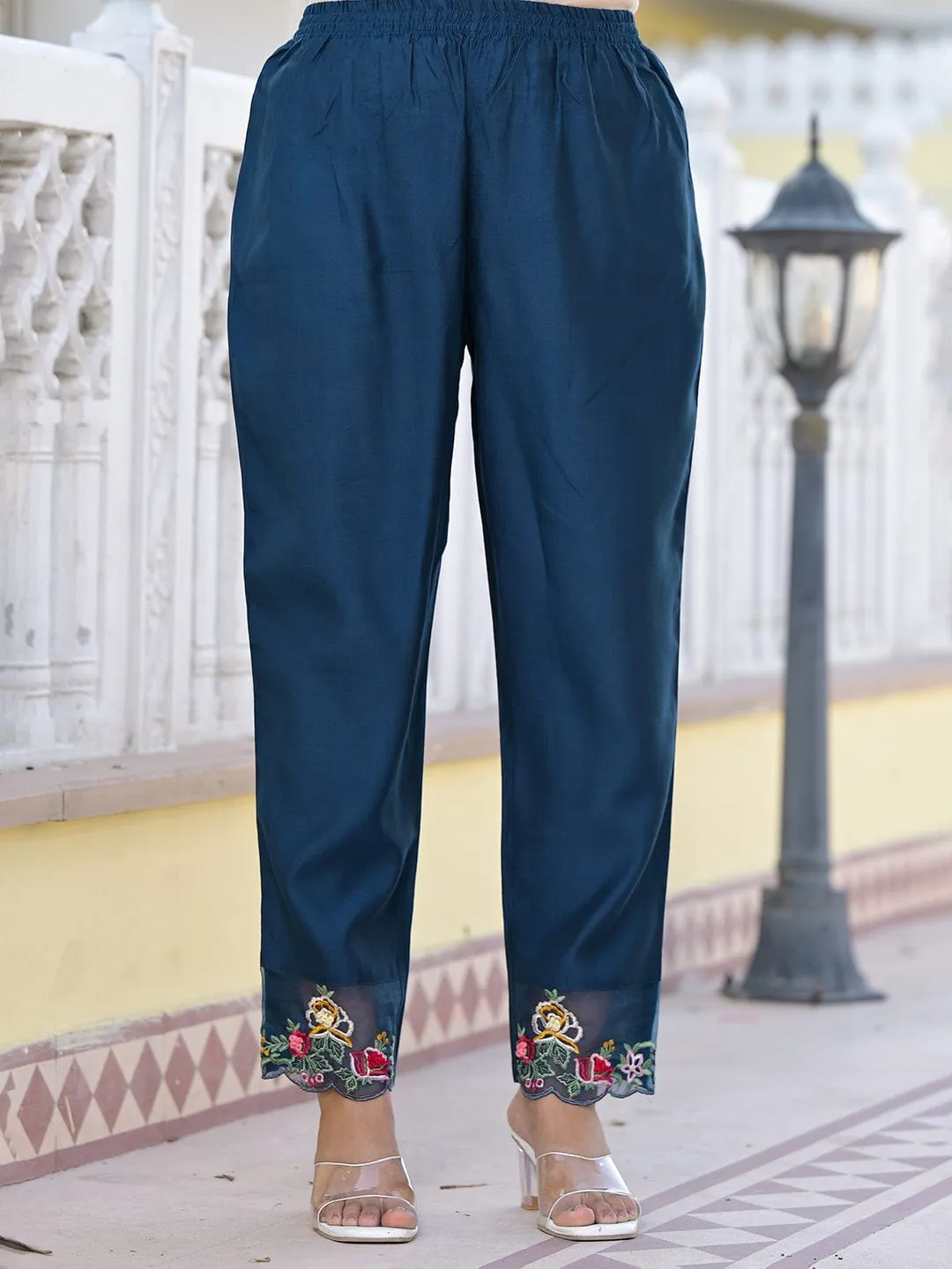 Varanga Women Navy Blue Embroidered Scallop Detail Kurta Paired With Bottom And Dupatta