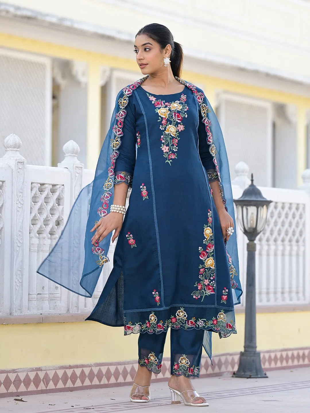 Varanga Women Navy Blue Embroidered Scallop Detail Kurta Paired With Bottom And Dupatta