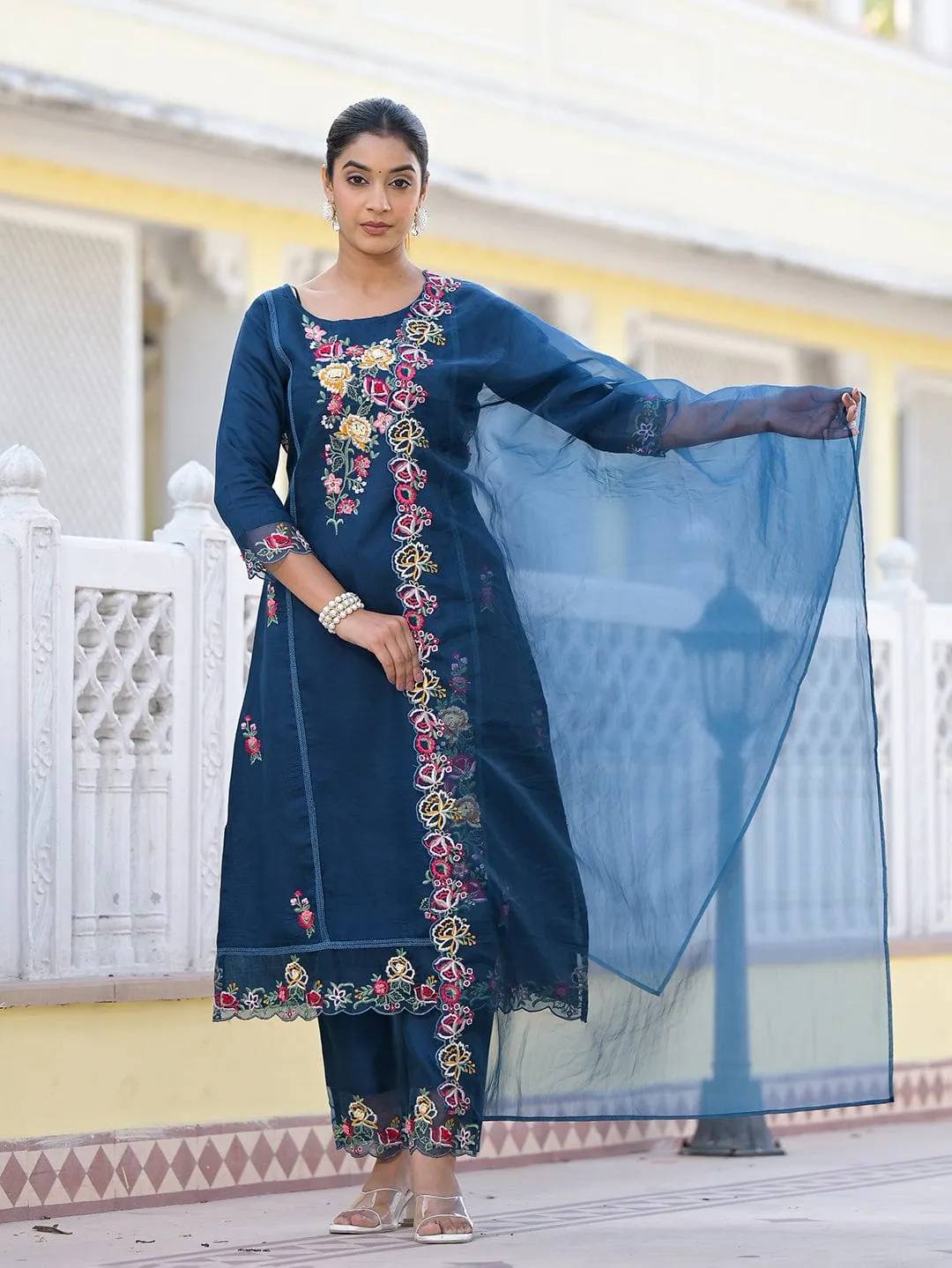 Varanga Women Navy Blue Embroidered Scallop Detail Kurta Paired With Bottom And Dupatta