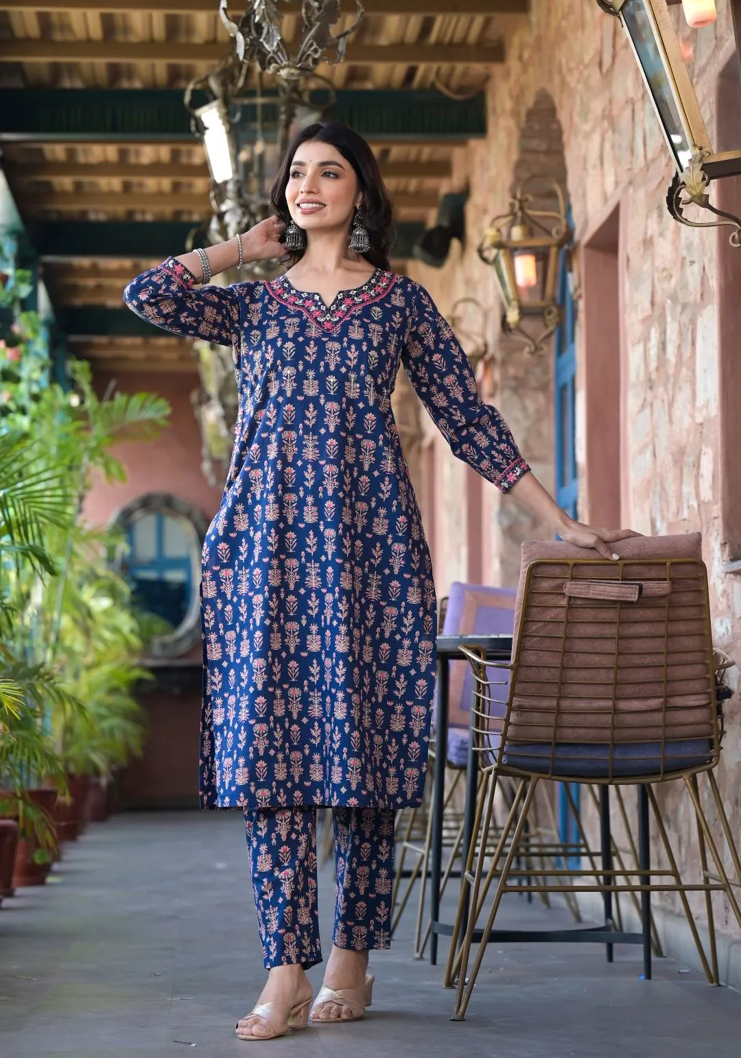 Varanga Women Navy Blue Floral Printed Mirror Embellished Straight Kurta Paired With Bottom And Printed Dupatta