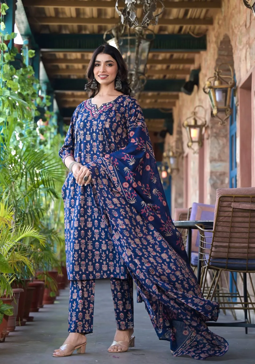 Varanga Women Navy Blue Floral Printed Mirror Embellished Straight Kurta Paired With Bottom And Printed Dupatta