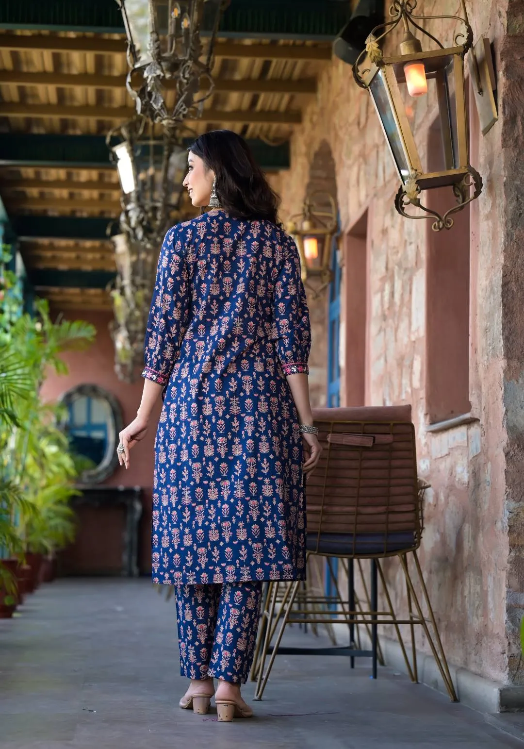 Varanga Women Navy Blue Floral Printed Mirror Embellished Straight Kurta Paired With Bottom And Printed Dupatta