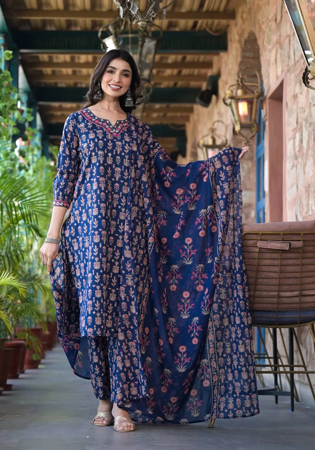 Varanga Women Navy Blue Floral Printed Mirror Embellished Straight Kurta Paired With Bottom And Printed Dupatta