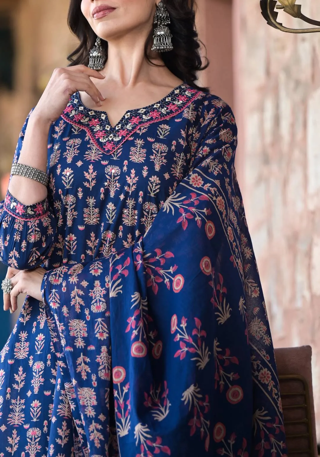 Varanga Women Navy Blue Floral Printed Mirror Embellished Straight Kurta Paired With Bottom And Printed Dupatta