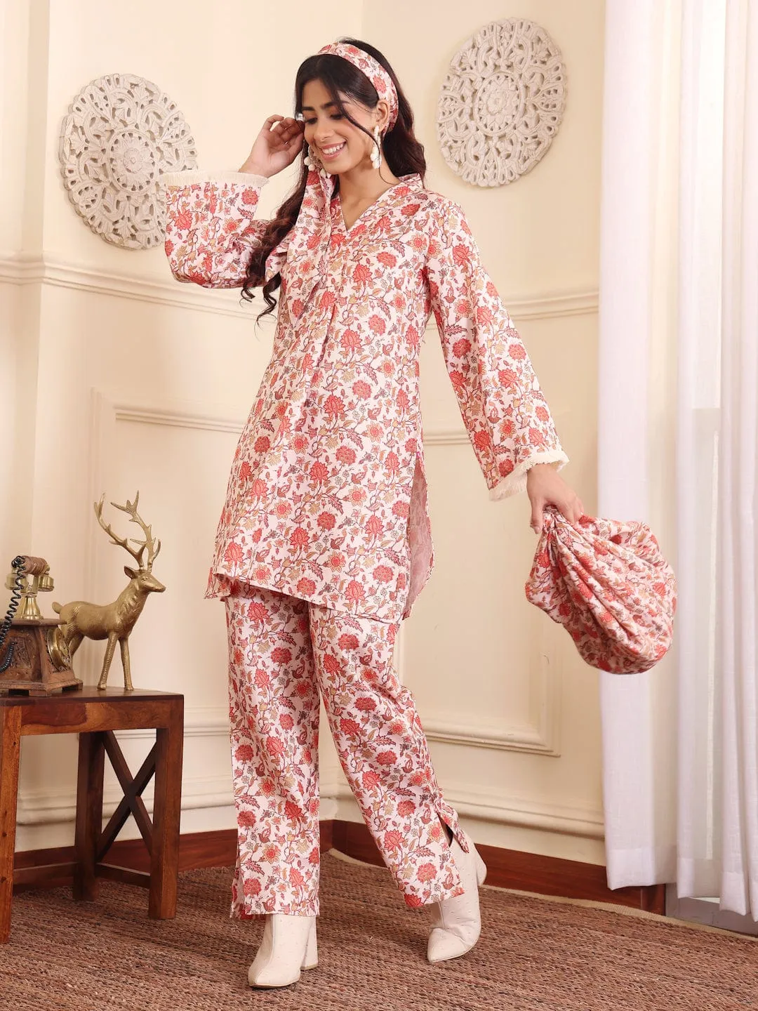 Varanga Women Off White Floral Printed Winter Co-Ord Set