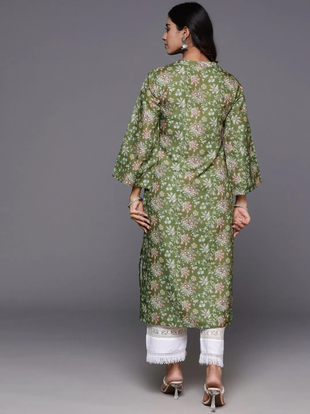 Varanga Women Olive Floral Printed  Mandarin Collar Straight Kurta