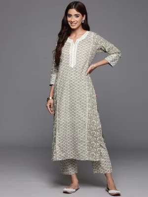 Varanga Women Olive Green Floral Printed Straight Kurta With Tonal Printed Bottom