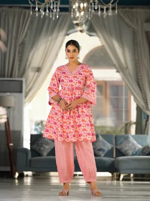 Varanga Women Pink Cotton Floral Printed Co-Ords