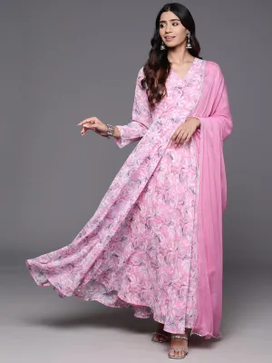 Varanga Women Pink Floral Printed Angarakha Style Anarkali Kurta Paired With Dupatta