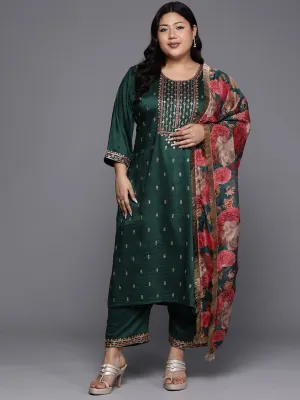 Varanga Women Plus Size Green Embroidered Straight Kurta Paired With Tonal Bottom And Printed Dupatta.