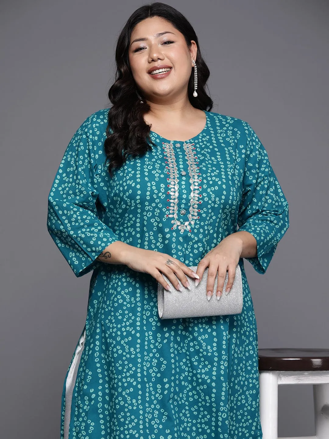 Varanga Women Plus Size Turqoise Blue Bandhani Print Gotta Embellished Straight Kurta With Three Quarter Sleeves Pl24 Vkur1103