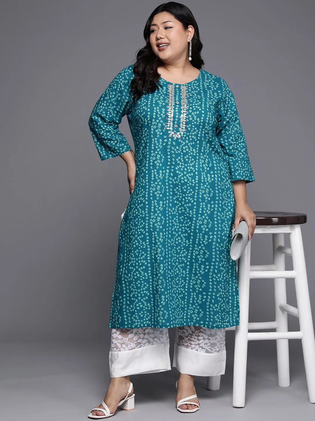 Varanga Women Plus Size Turqoise Blue Bandhani Print Gotta Embellished Straight Kurta With Three Quarter Sleeves Pl24 Vkur1103