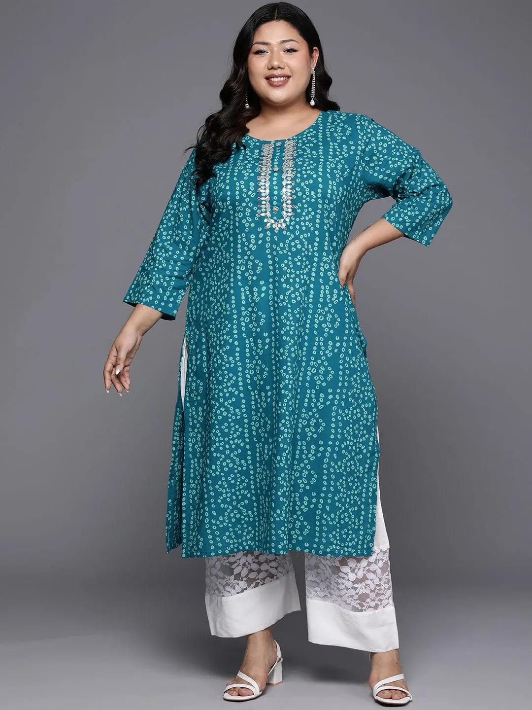 Varanga Women Plus Size Turqoise Blue Bandhani Print Gotta Embellished Straight Kurta With Three Quarter Sleeves Pl24 Vkur1103