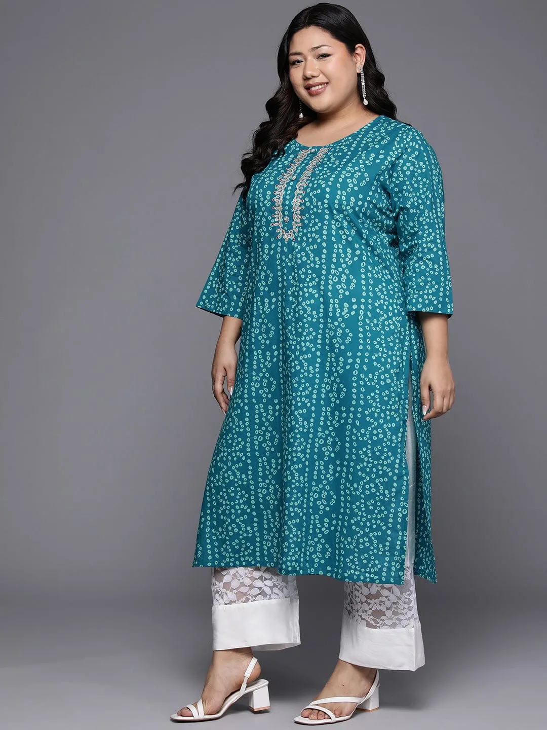 Varanga Women Plus Size Turqoise Blue Bandhani Print Gotta Embellished Straight Kurta With Three Quarter Sleeves Pl24 Vkur1103