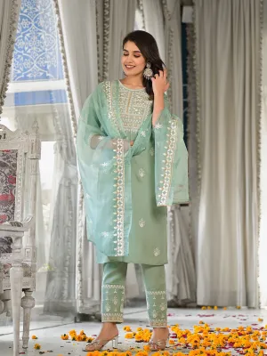 Varanga Women Sea Green Embroidered Kurta Paired With Tonal Trouser And Dupatta