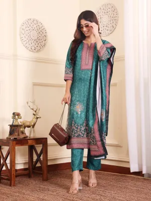 Varanga Women Teal Floral Printed Winter Straight Kurta With Trousers And Printed Dupatta