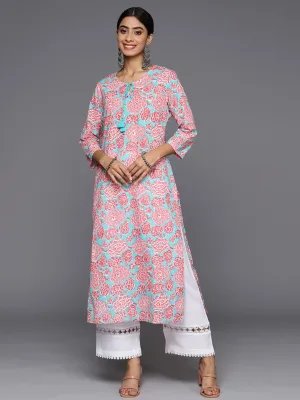 Varanga Women Turquoise And Pink Floral Printed Round Neck With Tassel Details Straight Kurta