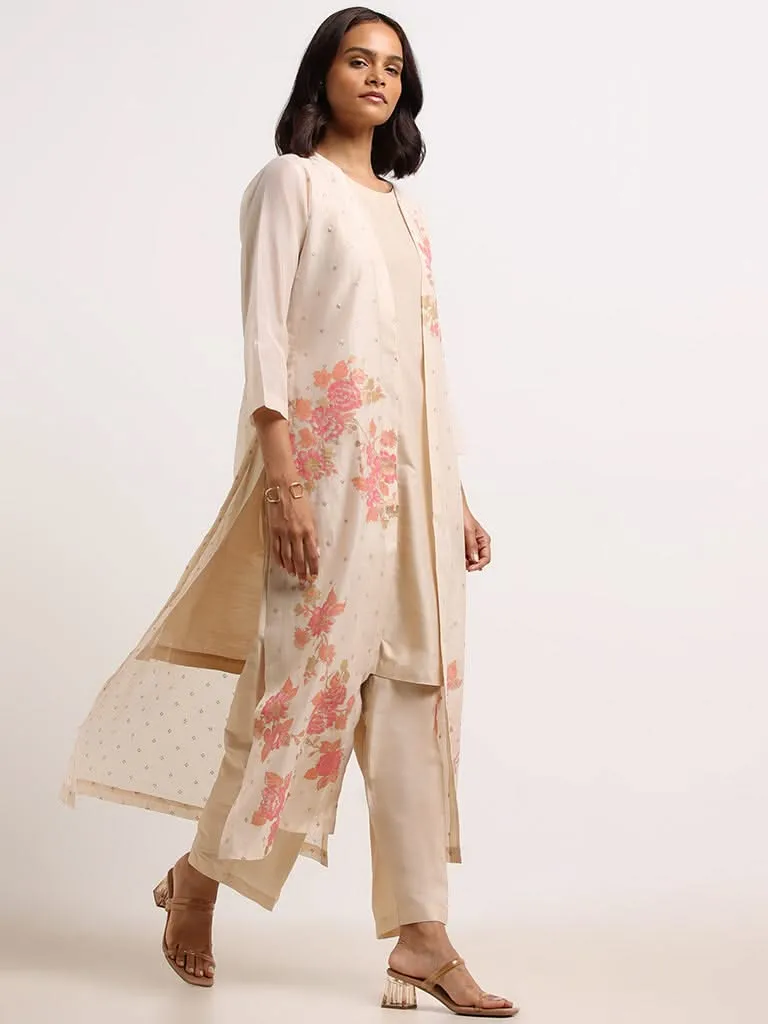 Vark Beige Floral Kurta, Pants with Jacket Set