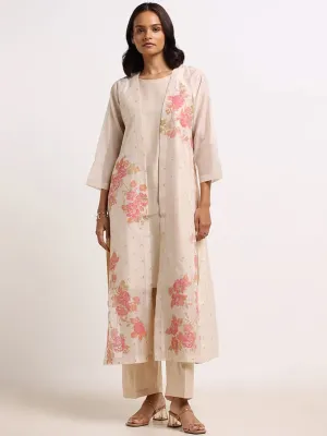 Vark Beige Floral Kurta, Pants with Jacket Set