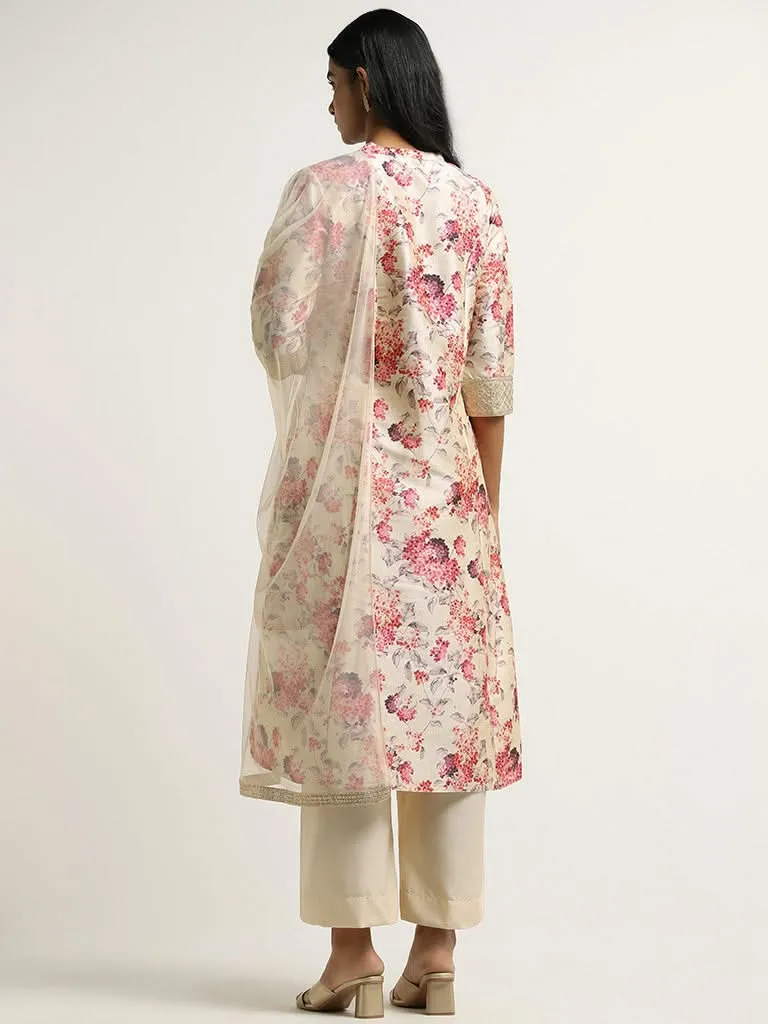 Vark Beige Printed Kurta, Palazzos & Dupatta Set