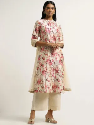 Vark Beige Printed Kurta, Palazzos & Dupatta Set