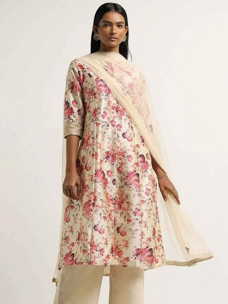 Vark Beige Printed Kurta, Palazzos & Dupatta Set