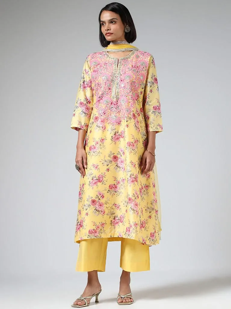 Vark Floral Printed Yellow Kurta with Pants & Dupatta