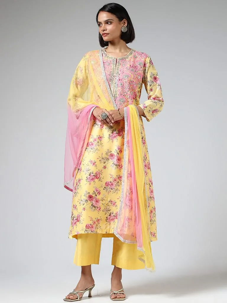 Vark Floral Printed Yellow Kurta with Pants & Dupatta