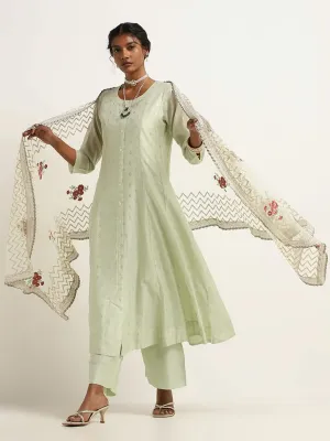 Vark Green Embroidered Kurta, Inner, Pants & Dupatta Set