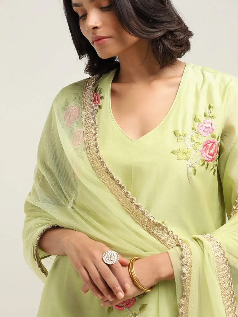 Vark Green Printed Cotton Blend Kurta with Palazzos and Dupatta